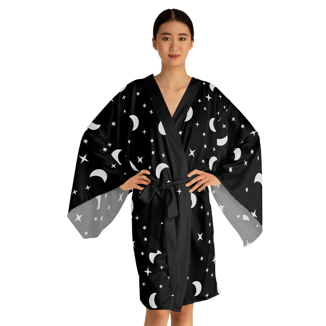 Black Moon and Stars Pattern Long Sleeve Kimono Robe